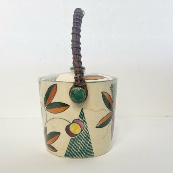 Vintage Japanese Biscuit Cookie Jar Rattan Handle Lidded Vibrant Floral - Picture 4 of 9